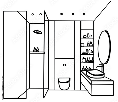 Line sketch bathroom interior design. Vector outline drawing home washroom