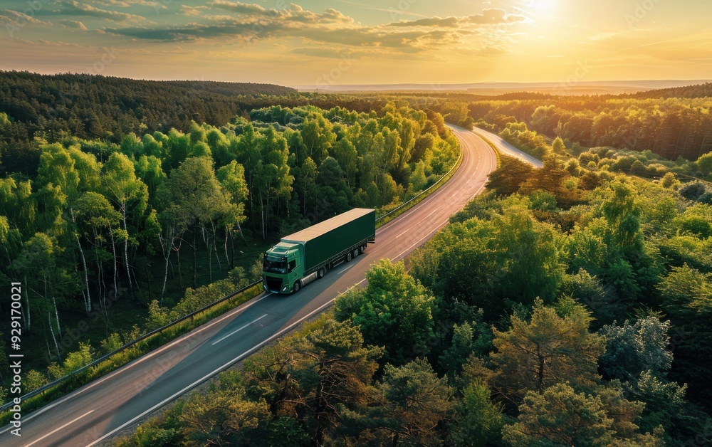 Fototapeta premium Truck Driving Through Lush Green Forest at Sunset