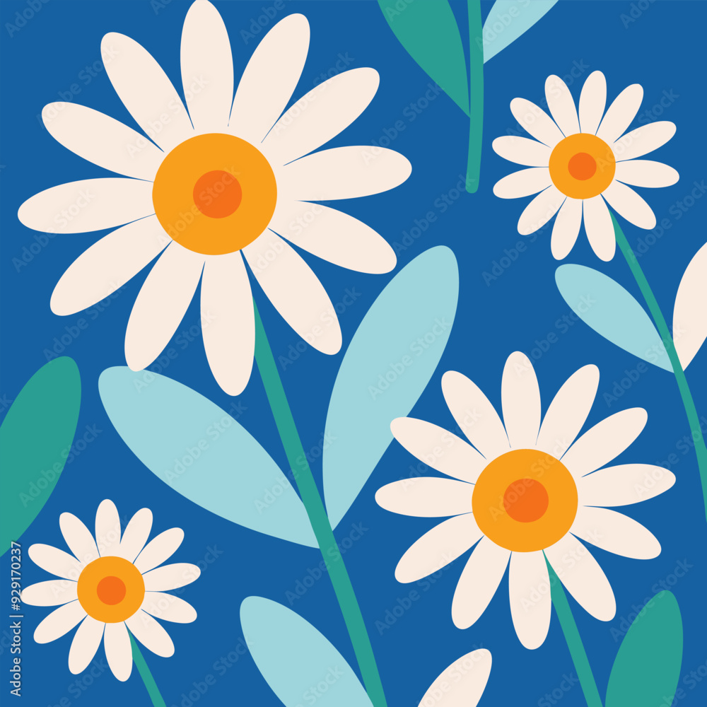 Seamless pattern with daisy flower and leaves on blue background vector illustration. cute floral print. Seamless pattern with daisy flower and leaves on blue background vector illustration. cute floral print.