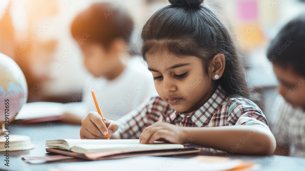 Young girl diligently writing in a classroom, focused on her studies, surrounded by classmates, in a bright and engaging learning environment. Young girl diligently writing in a classroom, focused on her studies, surrounded by classmates, in a bright and engaging learning environment.