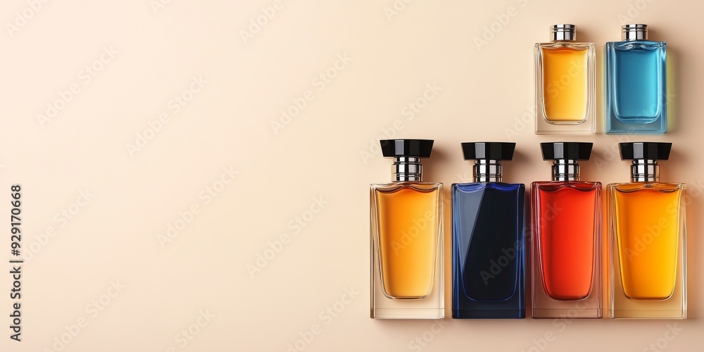 Colorful perfume bottles arranged in a row on a beige background Colorful perfume bottles arranged in a row on a beige background