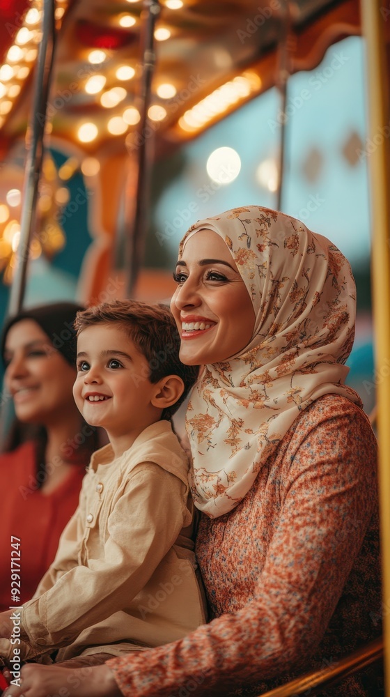 A mother and her child smile happily together on a carnival ride at sunset A mother and her child smile happily together on a carnival ride at sunset
