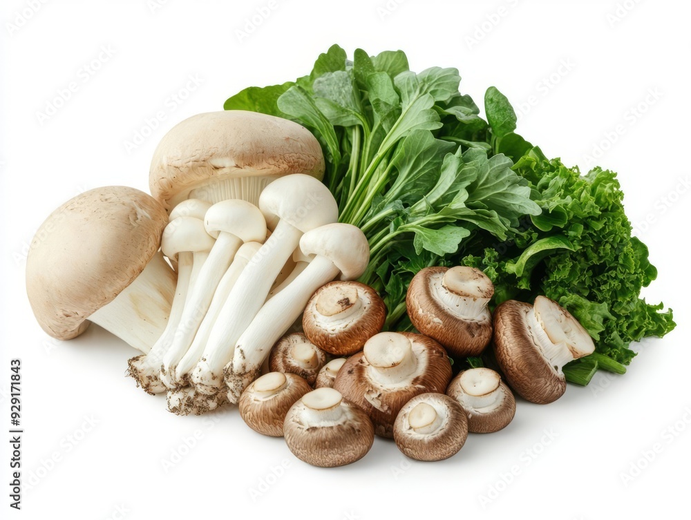 Shabu ingredients, variety of mushrooms and greens, white background, 3D illustration Shabu ingredients, variety of mushrooms and greens, white background, 3D illustration