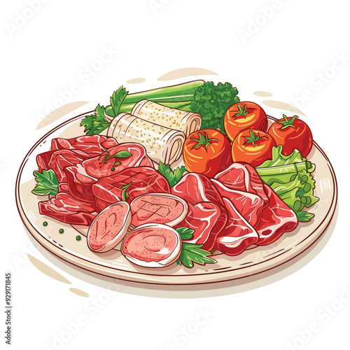 Cartoon-style illustration of a plate with various cuts of meat and fresh vegetables.
