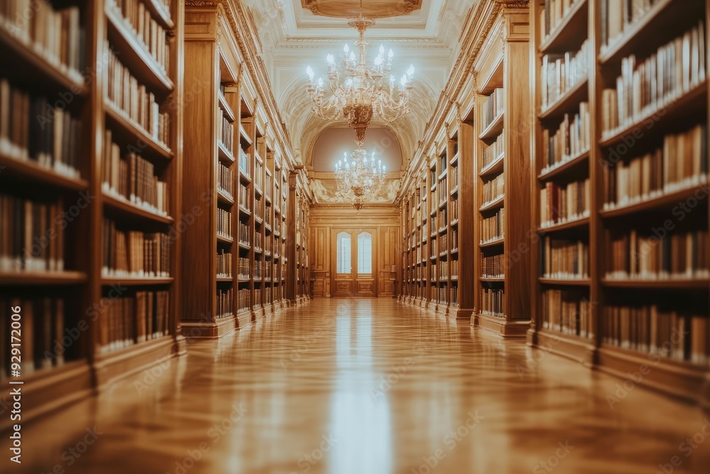 Blur background of majestic library corridor with wooden bookshelves and ornate chandeliers, reflecting rich historical and literary tradition. Heritage and preservation. with generative ai Blur background of majestic library corridor with wooden bookshelves and ornate chandeliers, reflecting rich historical and literary tradition. Heritage and preservation. with generative ai