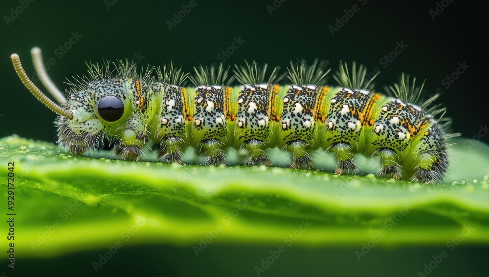 Green caterpillar with black and yellow spots on a leaf. Stock ...