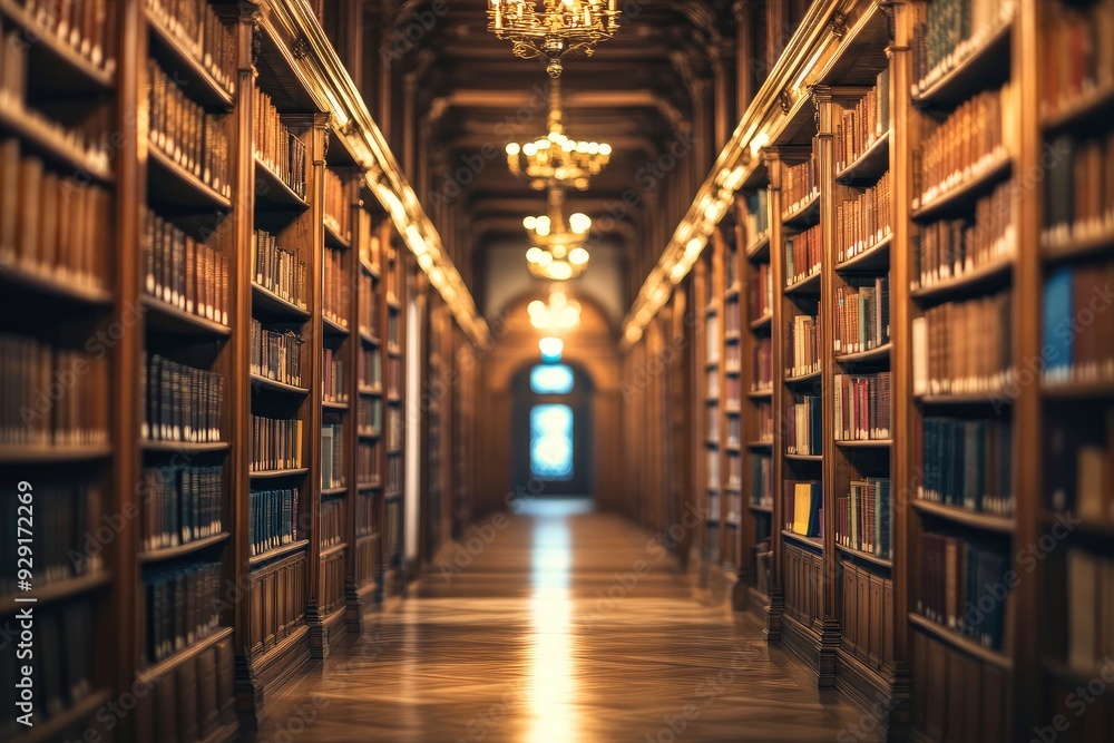 Blur background of majestic library corridor with wooden bookshelves and ornate chandeliers, reflecting rich historical and literary tradition. Heritage and preservation. with generative ai Blur background of majestic library corridor with wooden bookshelves and ornate chandeliers, reflecting rich historical and literary tradition. Heritage and preservation. with generative ai