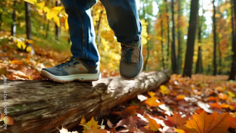 Boy walking in the forest, close up view on legs. Family hiking or relaxing in autumn park Boy walking in the forest, close up view on legs. Family hiking or relaxing in autumn park