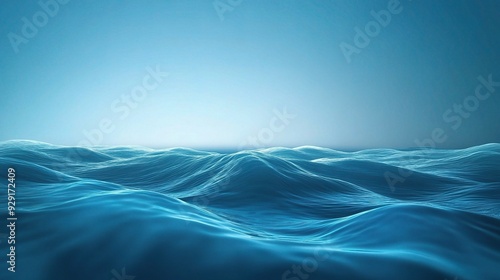 Serene Blue Wavescape: A minimalist and tranquil 3D render of rolling ocean waves bathed in ethereal blue light photo