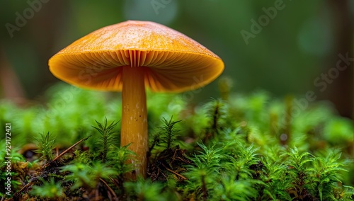 Orange mushroom in green moss and forest.