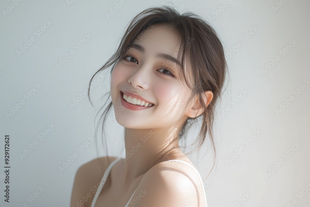 Beautiful young Asian woman smiling and happy created with Generative AI Beautiful young Asian woman smiling and happy created with Generative AI