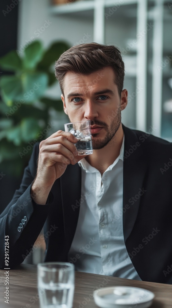 A young professional relaxes with a glass of water while sitting in a contemporary office environment A young professional relaxes with a glass of water while sitting in a contemporary office environment