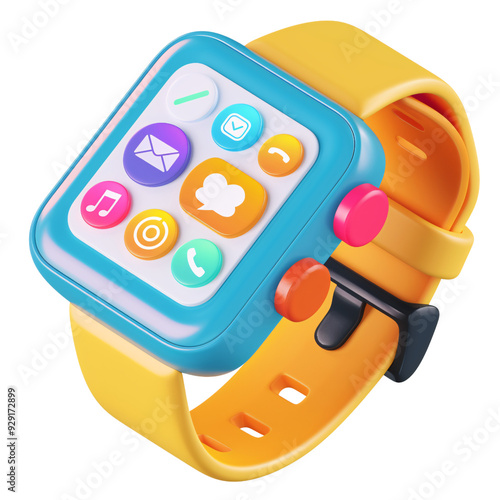 3D icon of a colorful smartwatch with notifications, white isolated background for clipping