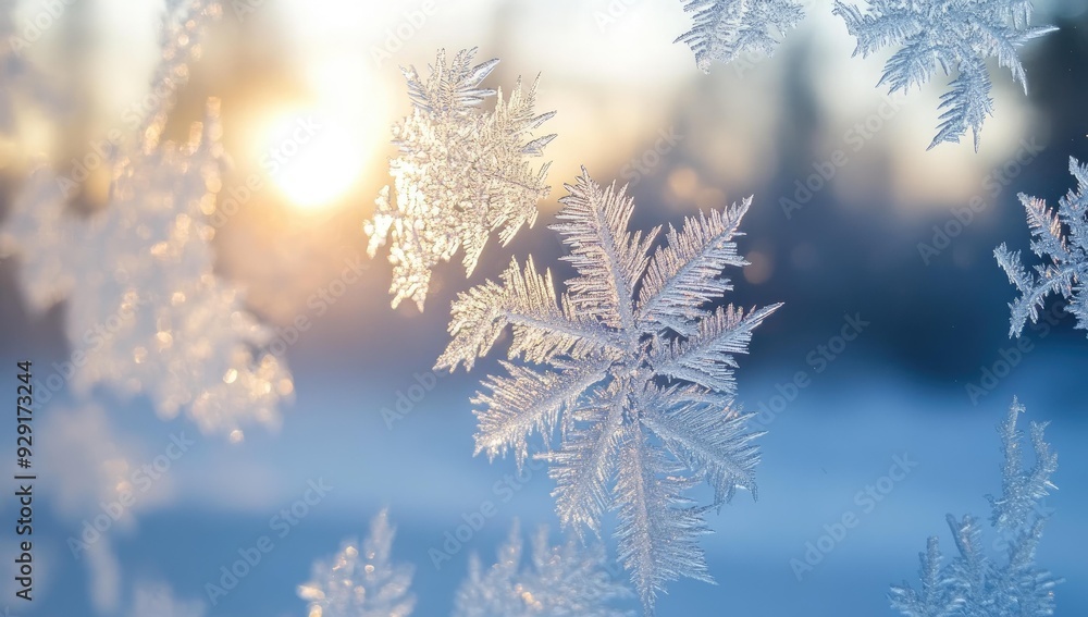 Ice crystals on a window pane with a blurred background. Ice crystals on a window pane with a blurred background.