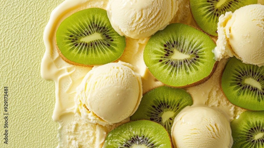 Creamy vanilla ice cream topped with fresh kiwi slices, creating a refreshing and indulgent dessert.