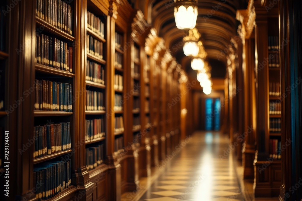 Blur background of majestic library corridor with wooden bookshelves and ornate chandeliers, reflecting rich historical and literary tradition. Heritage and preservation. with generative ai Blur background of majestic library corridor with wooden bookshelves and ornate chandeliers, reflecting rich historical and literary tradition. Heritage and preservation. with generative ai