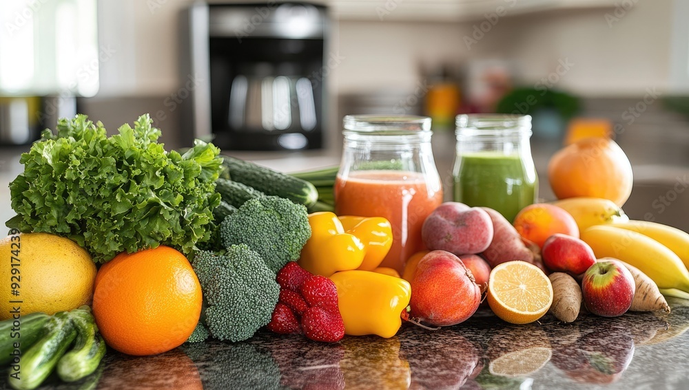Fresh fruit, vegetables, and juice on table. Fresh fruit, vegetables, and juice on table.