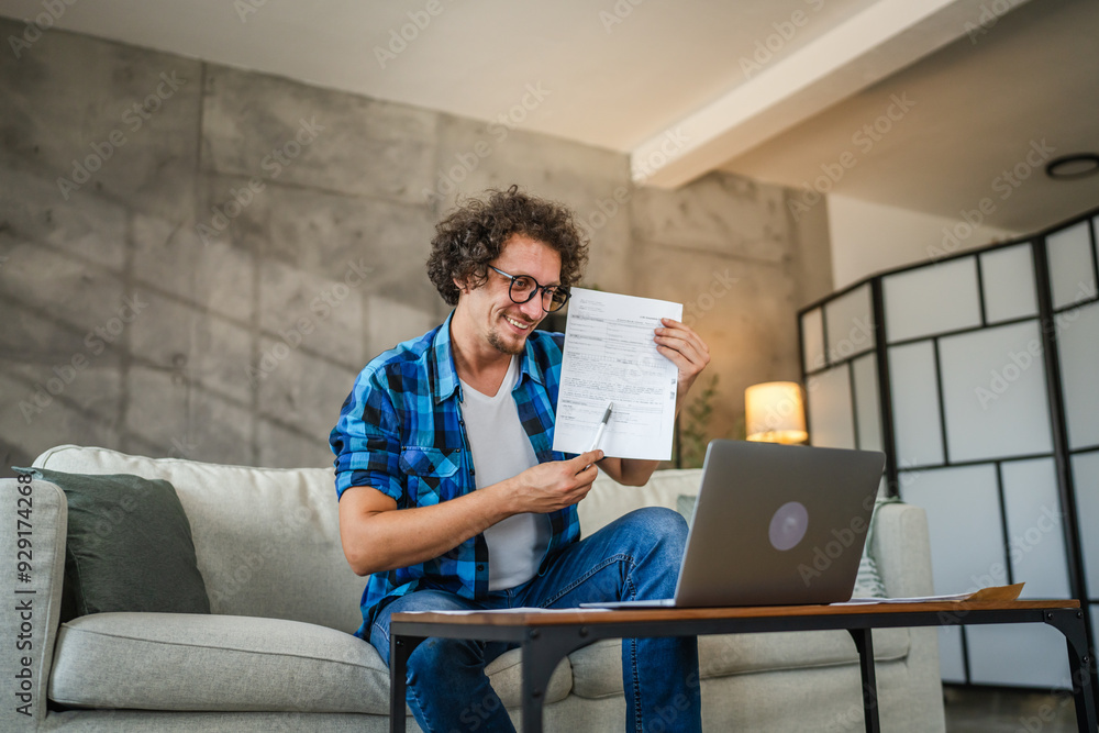 Adult man have video call meeting on laptop and show document,contract Adult man have video call meeting on laptop and show document,contract