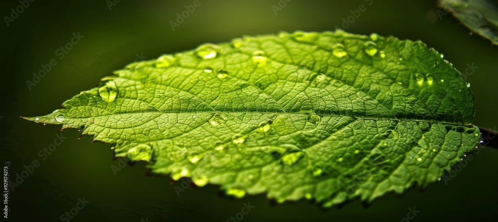 Macro of a Vibrant Green Leaf with Dewdrops, Water Droplets Reflecting Light, Natures Texture. Macro of a Vibrant Green Leaf with Dewdrops, Water Droplets Reflecting Light, Natures Texture.