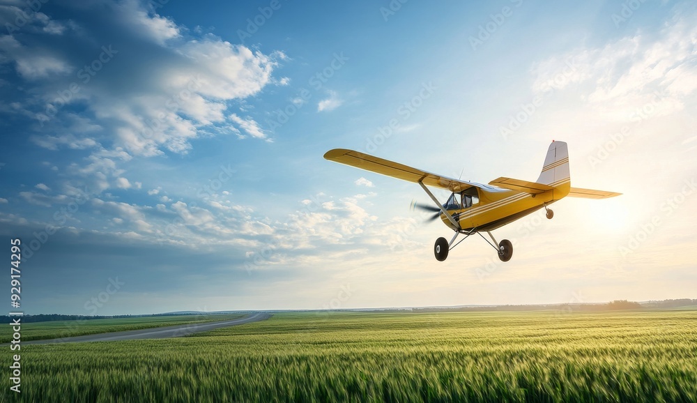 Small plane flying over green fields with sun in the sky Small plane flying over green fields with sun in the sky