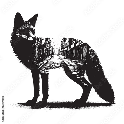 silhouette of Fox, filled with ghetto street in rough drawing,