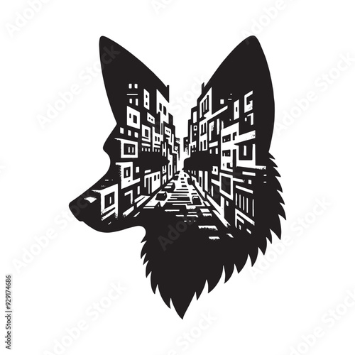 silhouette of Fox, filled with ghetto street in rough drawing,