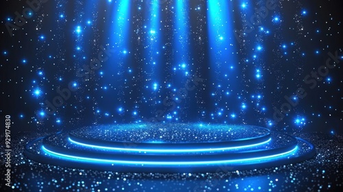 A 3D rendered image of a stage with blue spotlights and sparkling glitter.