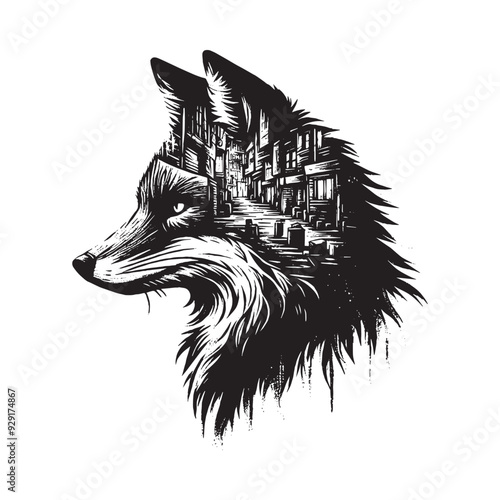 silhouette of Fox, filled with ghetto street in rough drawing,