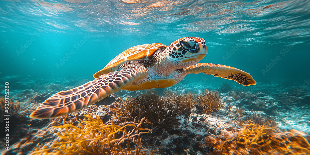 Obraz premium Sea Turtle Gliding Through Clear Blue Waters & Vibrant Coral Reefs