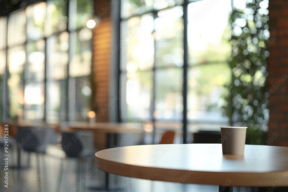 Blur background of modern cafeteria with industrial design, round tables, and large windows. Restaurant with bar and table. with generative ai Blur background of modern cafeteria with industrial design, round tables, and large windows. Restaurant with bar and table. with generative ai