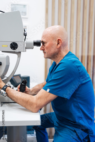 Experienced senior doctor using high technology medical instrument during eyesight checkup. Modern clinic for diagnosis and treatment of eye diseases. Healthcare and medical concept.