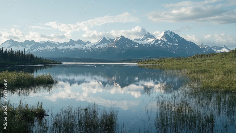 A calm lake reflecting a snow-capped mountain range. A calm lake reflecting a snow-capped mountain range.