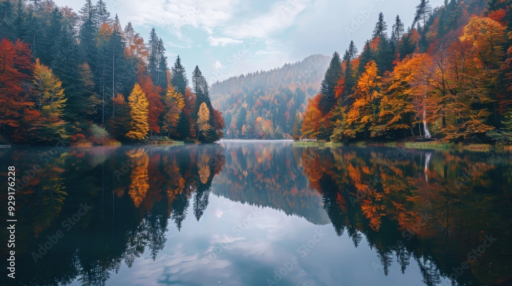 A serene lake reflects vibrant autumn foliage as trees in shades of orange, yellow, and green frame the calm waters under a cloudy sky. A serene lake reflects vibrant autumn foliage as trees in shades of orange, yellow, and green frame the calm waters under a cloudy sky.