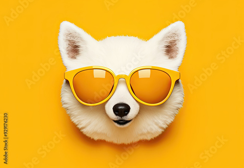 Arctic fox in sunglasses. Close-up portrait of an Arctic fox. An anthopomorphic creature. A fictional character for advertising and marketing. Humorous character for graphic design. photo