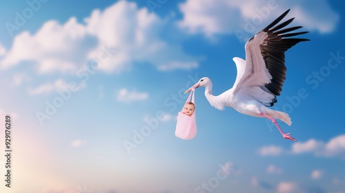 Flying stork in the bright blue sky carrying full growth swaddled in pink blanket baby. Parenthood concept. photo