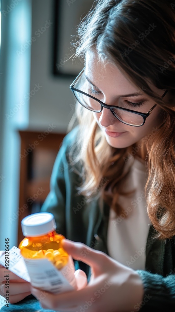 A young woman inspects a prescription medication bottle while seated indoors A young woman inspects a prescription medication bottle while seated indoors
