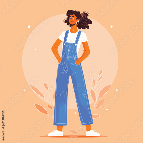 Fashionable girl with long hair in casual overalls and sneakers.