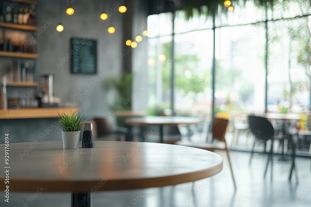 Blur background of modern cafeteria with industrial design, round tables, and large windows. Restaurant with bar and table. with generative ai Blur background of modern cafeteria with industrial design, round tables, and large windows. Restaurant with bar and table. with generative ai