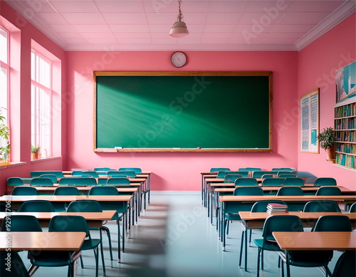 Empty classroom with blue chairs and pink walls, Generative IA