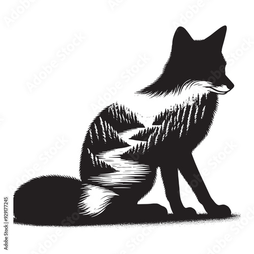 silhouette of Fox, filled with river view in rough drawing, photo