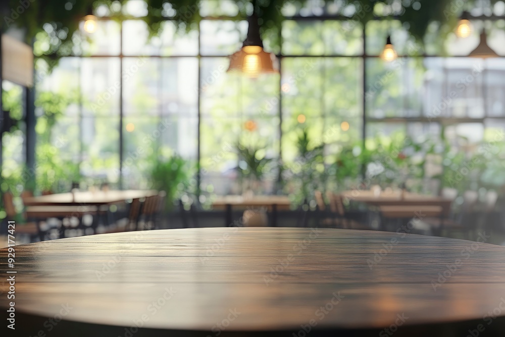 Blur background of modern cafeteria with industrial design, round tables, and large windows. Restaurant with bar and table. with generative ai Blur background of modern cafeteria with industrial design, round tables, and large windows. Restaurant with bar and table. with generative ai