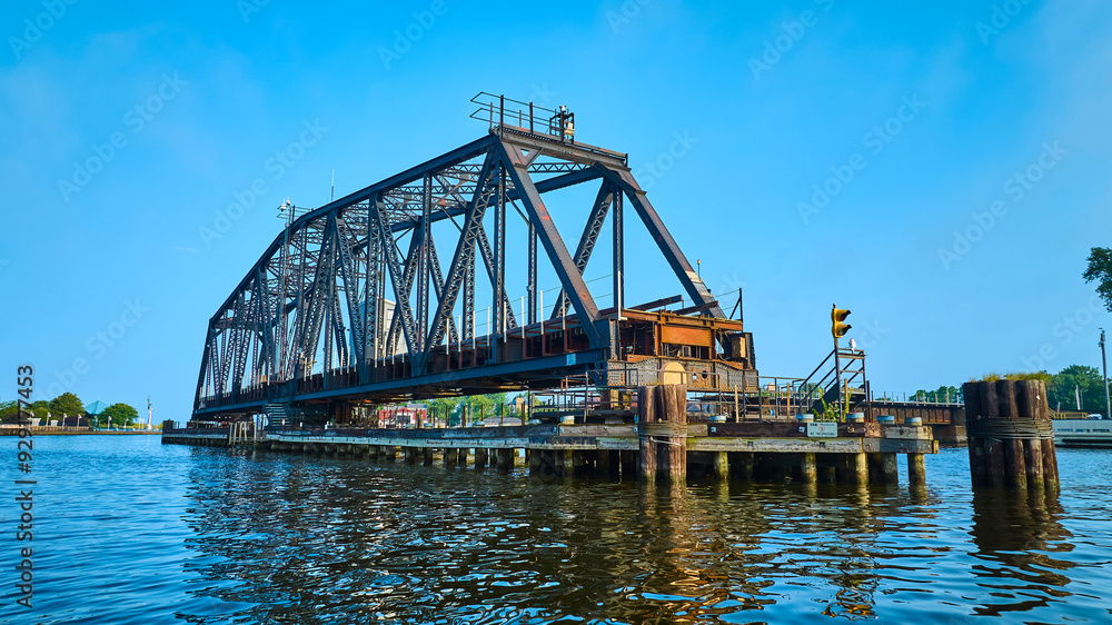 Aerial View of Steel Truss Bridge Open Over Calm Water Aerial View of Steel Truss Bridge Open Over Calm Water
