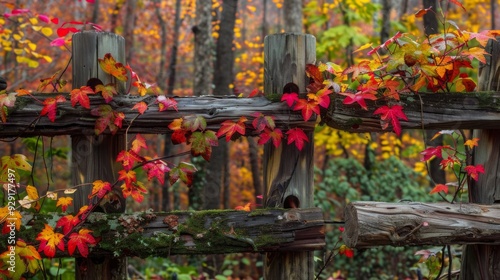 Vibrant red and orange leaves climb a rustic wooden fence, surrounded by a forest filled with fall colors.