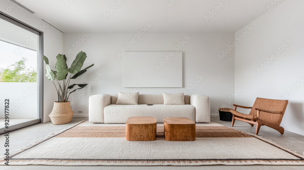 Cozy living room with neutral sofa and orange accent chair Cozy living room with neutral sofa and orange accent chair