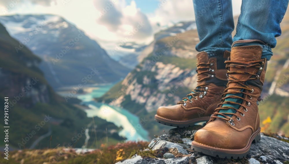 Hiking Boots on a Mountain Peak with a View Hiking Boots on a Mountain Peak with a View