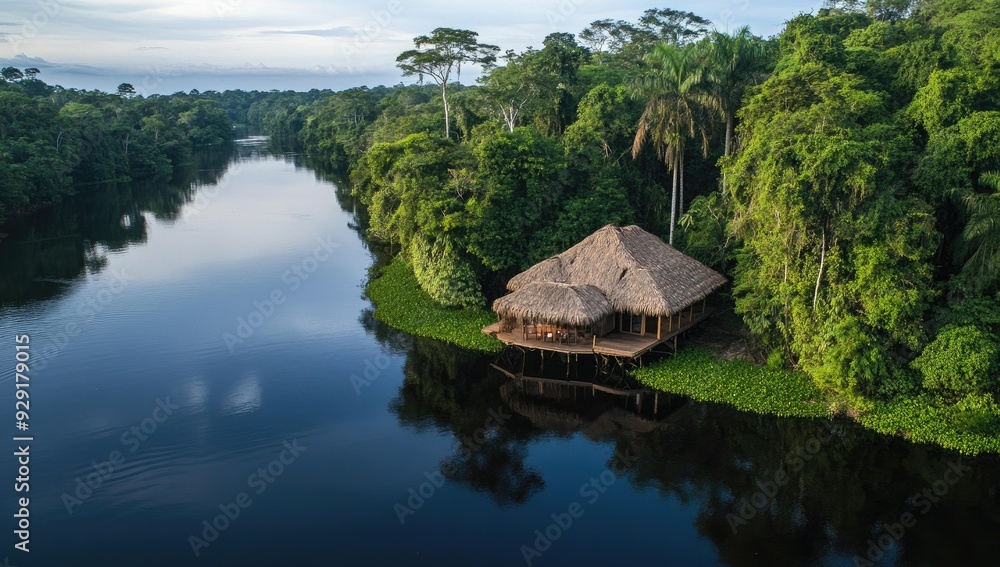 Fototapeta premium A thatched-roof hut on stilts by a river in a