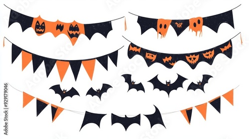 A set of Halloween decorations, spooky banners and hanging bats, bold and eyecatching, flat vector, isolated on white background photo