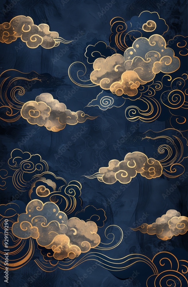 Elegant night sky with moon and golden clouds in Chinese style Elegant night sky with moon and golden clouds in Chinese style