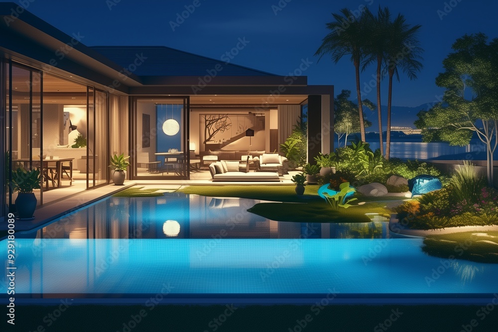 Fototapeta premium Luxury villa with swimming pool at night