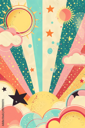Vintage background illustration of sun and clouds